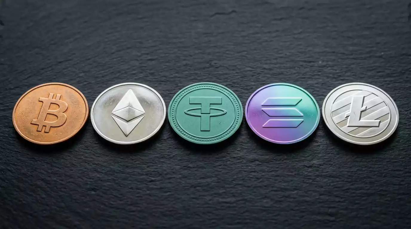 Päť kryptomien používaných pri stávkovaní — BTC, ETH, USDT, SOL a LTC